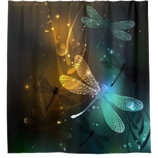 Green luminous dragonfly flight shower curtain (Front)