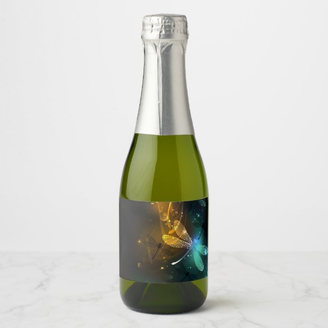 Green luminous dragonfly flight sparkling wine label (Front)