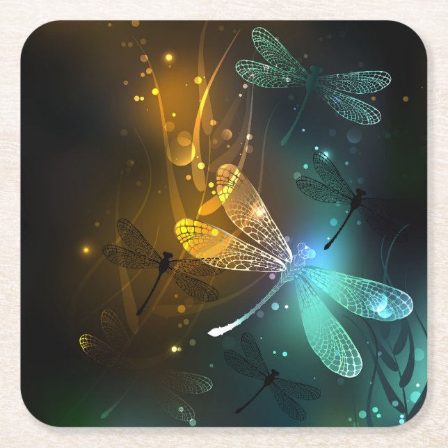 Green luminous dragonfly flight square paper coaster (Front)
