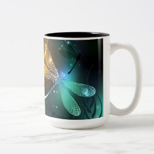 Green luminous dragonfly flight Two-Tone coffee mug