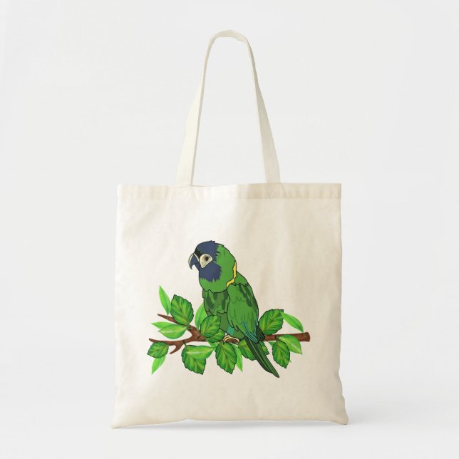 Green macaw parrot on branch leaves nature bird tote bag (Front)