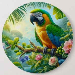 Green macaw tropical floral 6 cm round badge