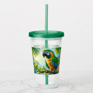 Green macaw tropical floral acrylic tumbler
