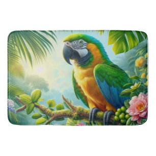 Green macaw tropical floral bath mat