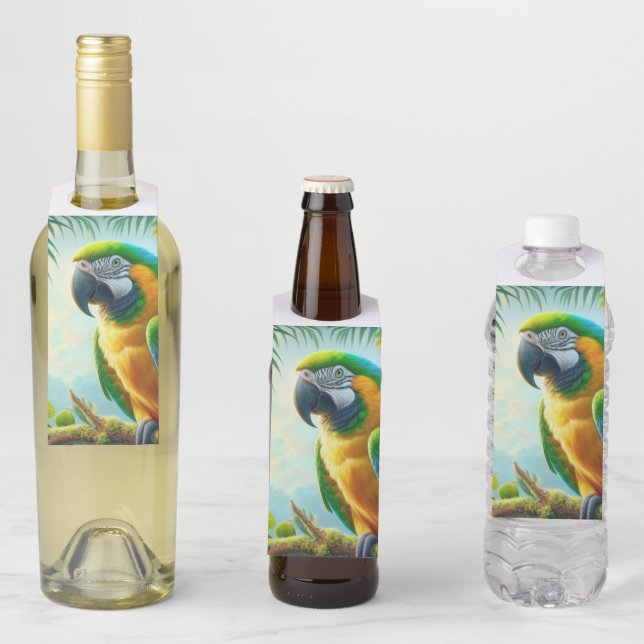 Green macaw tropical floral bottle tag (In Situ)