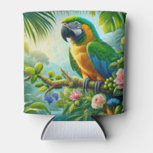 Green macaw tropical floral can cooler