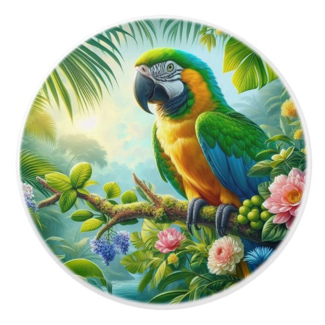 Green macaw tropical floral ceramic knob (Front)