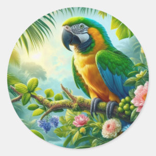 Green macaw tropical floral classic round sticker
