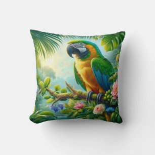 Green macaw tropical floral cushion