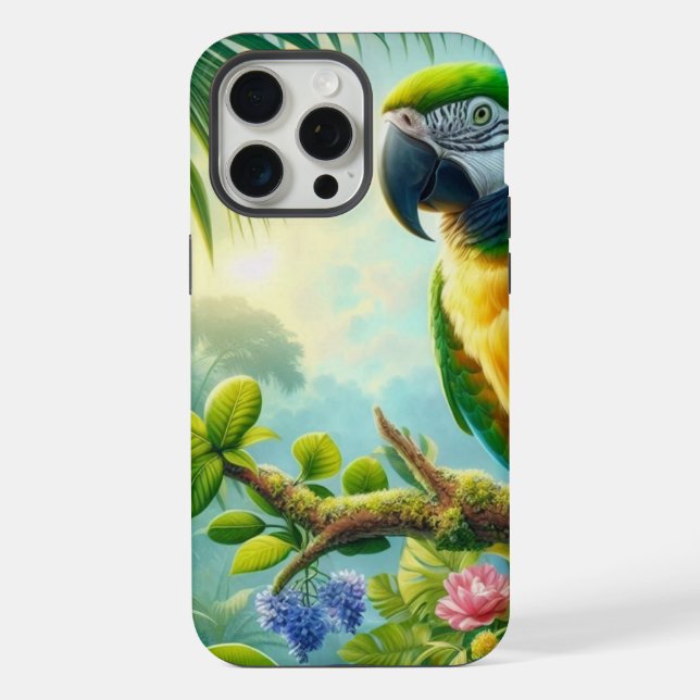 Green macaw tropical floral iPhone case (Back)