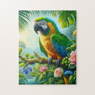 Green macaw tropical floral jigsaw puzzle