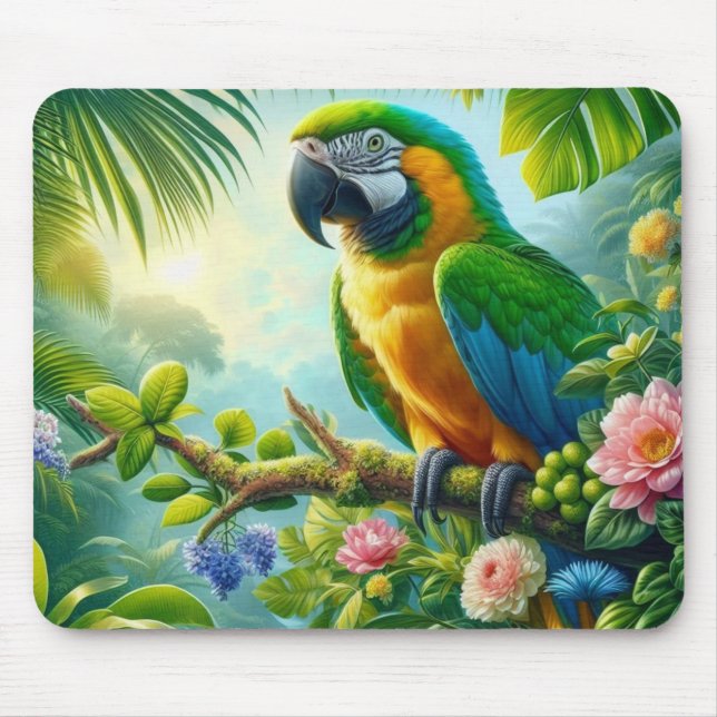 Green macaw tropical floral mouse pad (Front)
