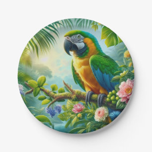 Green macaw tropical floral paper plate