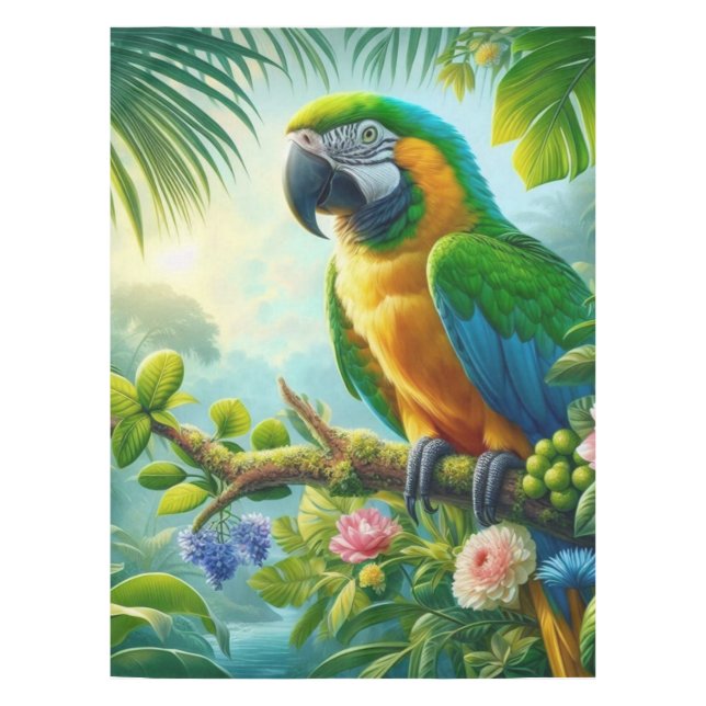 Green macaw tropical floral tablecloth (Front)