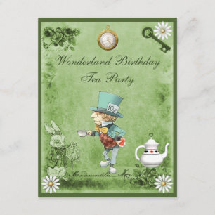 Green Mad Hatter Wonderland Birthday Tea Party Invitation