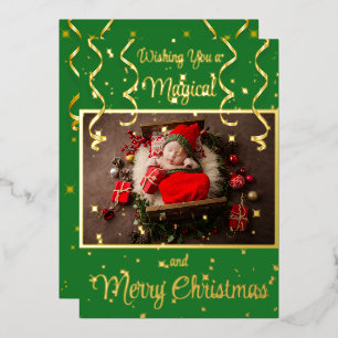 Green Magical Photo Merry Christmas Greeting Foil Holiday Card