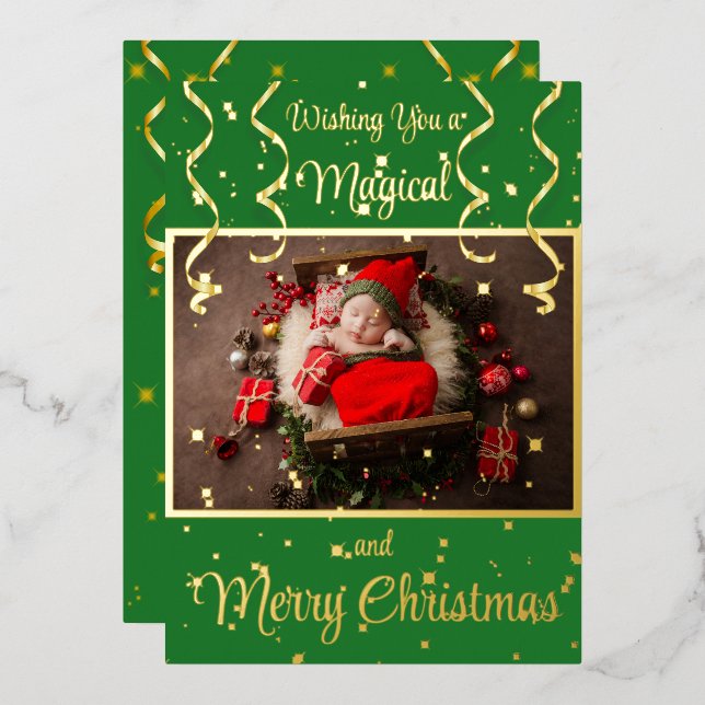 Green Magical Photo Merry Christmas Greeting Foil Holiday Card (Front/Back)