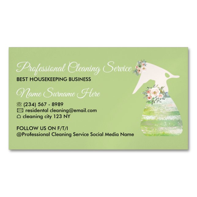 Green Maid Spray Flower Cleaning Magnetic Business Card (Front)