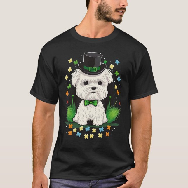 Green Maltese dog shamrock on St Patricks Day Malt T-Shirt (Front)