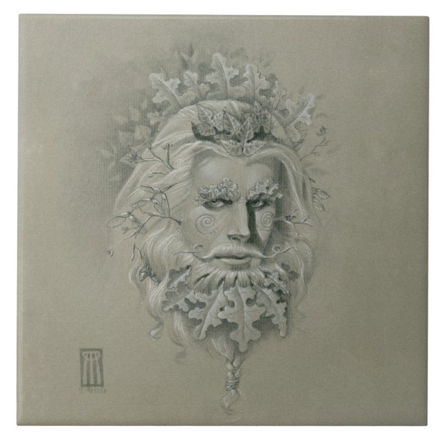 Green Man 2.0 with Oak Leaf Beard  Ceramic Tile (Front)