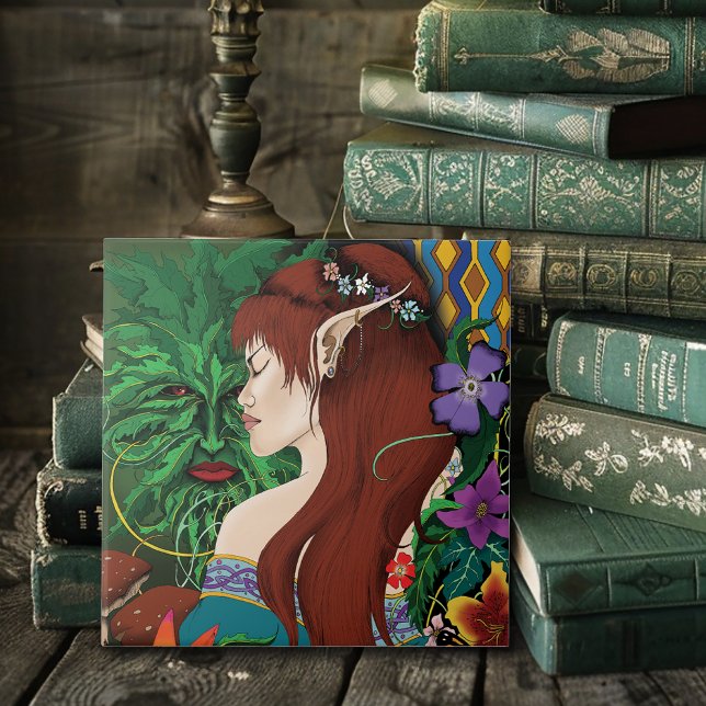 Green Man Elf Fantasy Floral Ceramic Tile (Creator Uploaded)