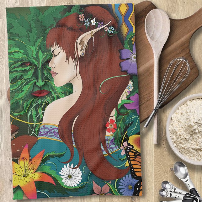 Green Man Elf Fantasy Floral Tea Towel (Creator Uploaded)