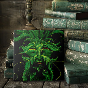 Green Man Fae Leaves Black Ceramic Tile