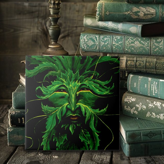 Green Man Fae Leaves Black Ceramic Tile (Creator Uploaded)