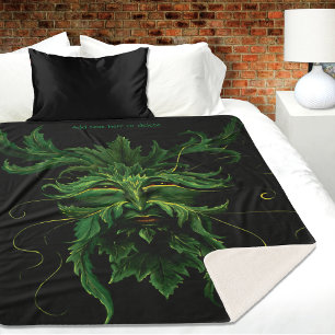 Green Man Fae Leaves Black Sherpa Blanket