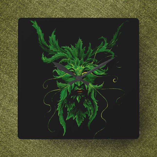 Green Man Fae Leaves Black Square Wall Clock (Creator Uploaded)