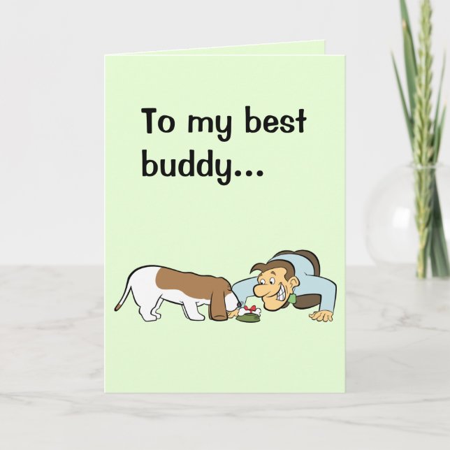 Green Man Giving Basset Hound a Birthday Gift Holiday Card (Front)