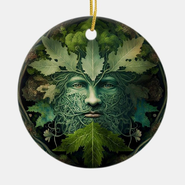 Green Man Mandala Fantasy Art Ceramic Ornament (Front)