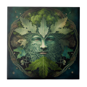 Green Man Mandala Fantasy Art Ceramic Tile