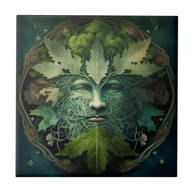 Green Man Mandala Fantasy Art Ceramic Tile (Front)