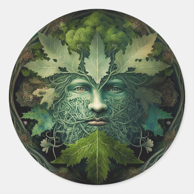 Green Man Mandala Fantasy Art Classic Round Sticker (Front)