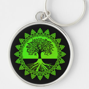Green Mandala Celtic Tree of Life on Black Key Ring