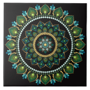 Green Mandala Handpainted Sacred Geometry Ceramic Tile