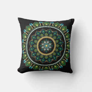 Green Mandala   Handpainted   Sacred Geometry Cushion