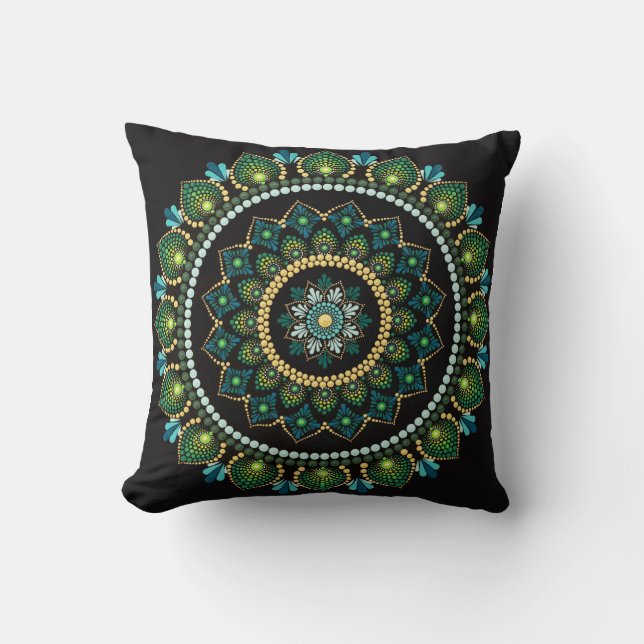 Green Mandala | Handpainted | Sacred Geometry Cushion (Front)
