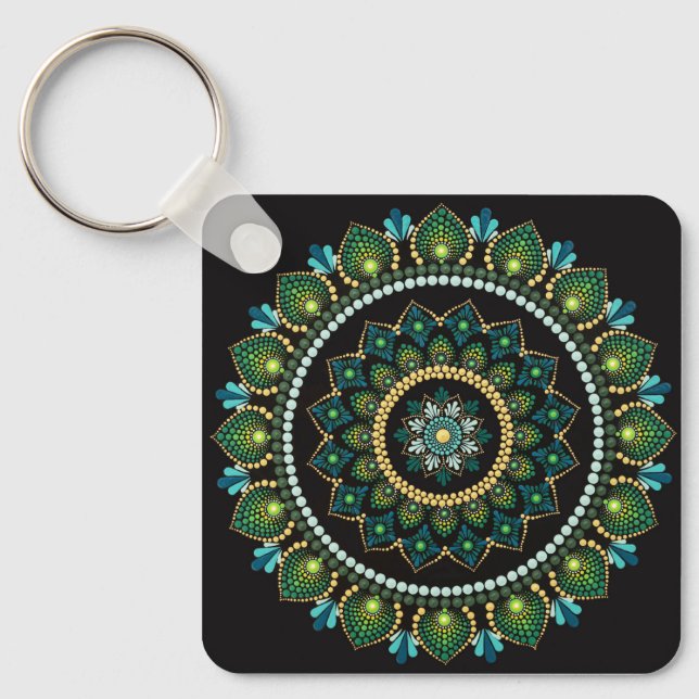 Green Mandala | Handpainted | Sacred Geometry Key Ring (Front)