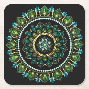 Green Mandala Handpainted Sacred Geometry Square Paper Coaster