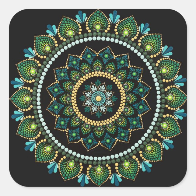 Green Mandala | Handpainted | Sacred Geometry Square Sticker (Front)