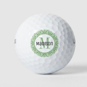 Green Mandala Monogram Initial Black Name Golf Balls