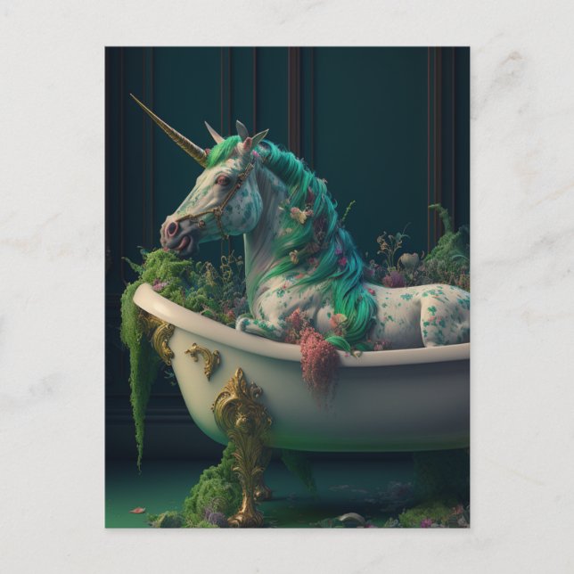 Green Mane Unicorn in the Tub Postcard (Front)