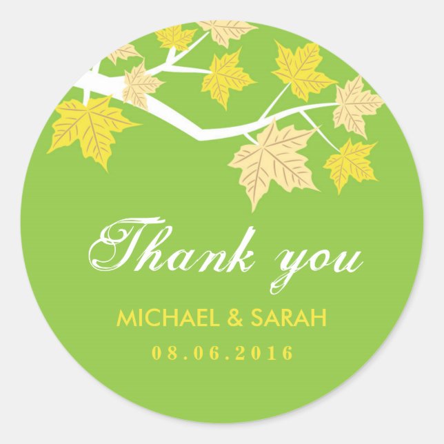 Green Maple Leaves Fall Wedding Thank You Sticker (Front)