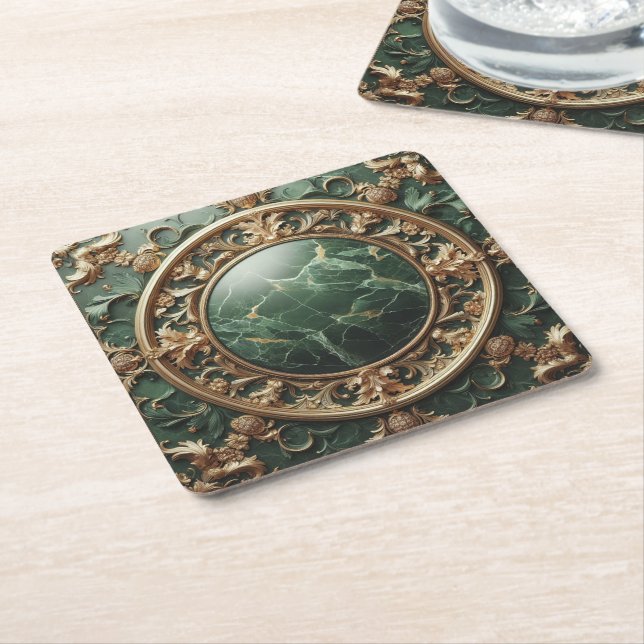 Green Marble And Gold Trim Square Paper Coaster (Angled)
