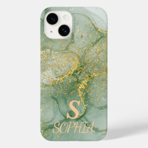 Green marble chic gold glitter monogram Case-Mate iPhone 14 case