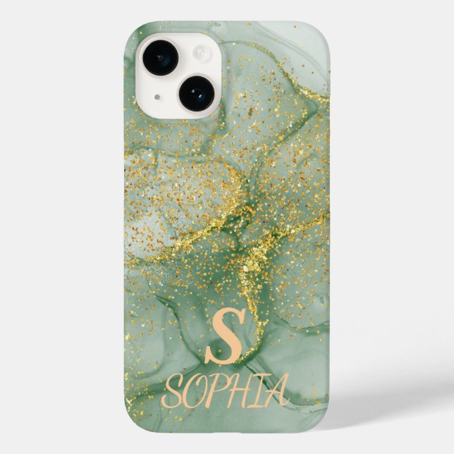 Green marble chic gold glitter monogram Case-Mate iPhone case (Back)