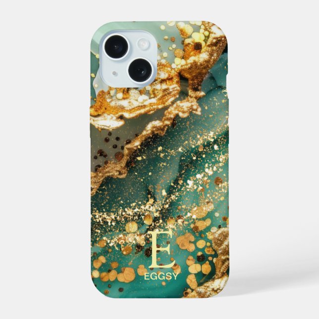Green marble chic gold glitter monogram iPhone 15 case (Back)