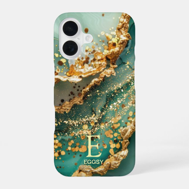 Green marble chic gold glitter monogram iPhone 16 case (Back)